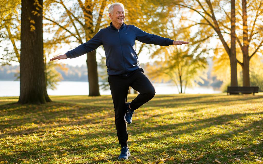Man i 70-årsåldern övar balans på ett ben i parken