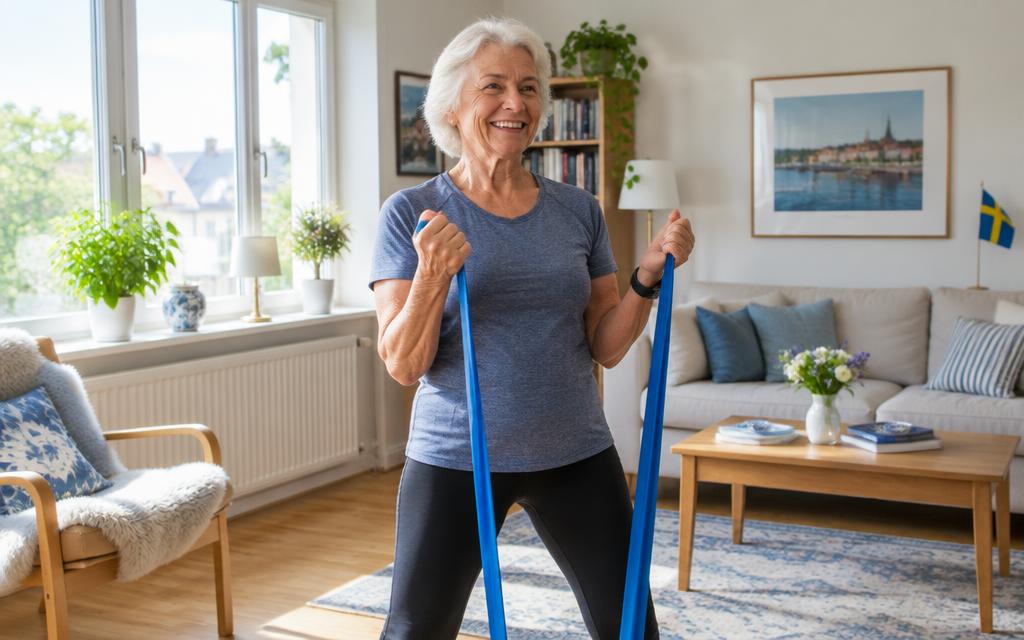 Kvinna i 70-årsåldern tränar med gummiband hemma i vardagsrummet