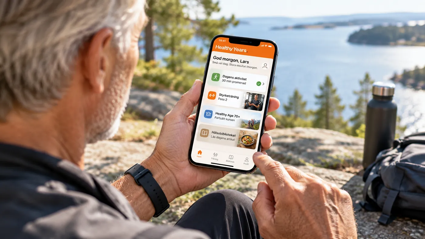 Man i 70-årsåldern använder träningsappen på sin mobil ute i naturen