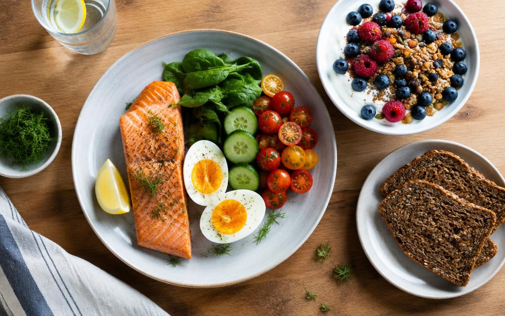 Proteinrik tallrik med lax, ägg och grönsaker